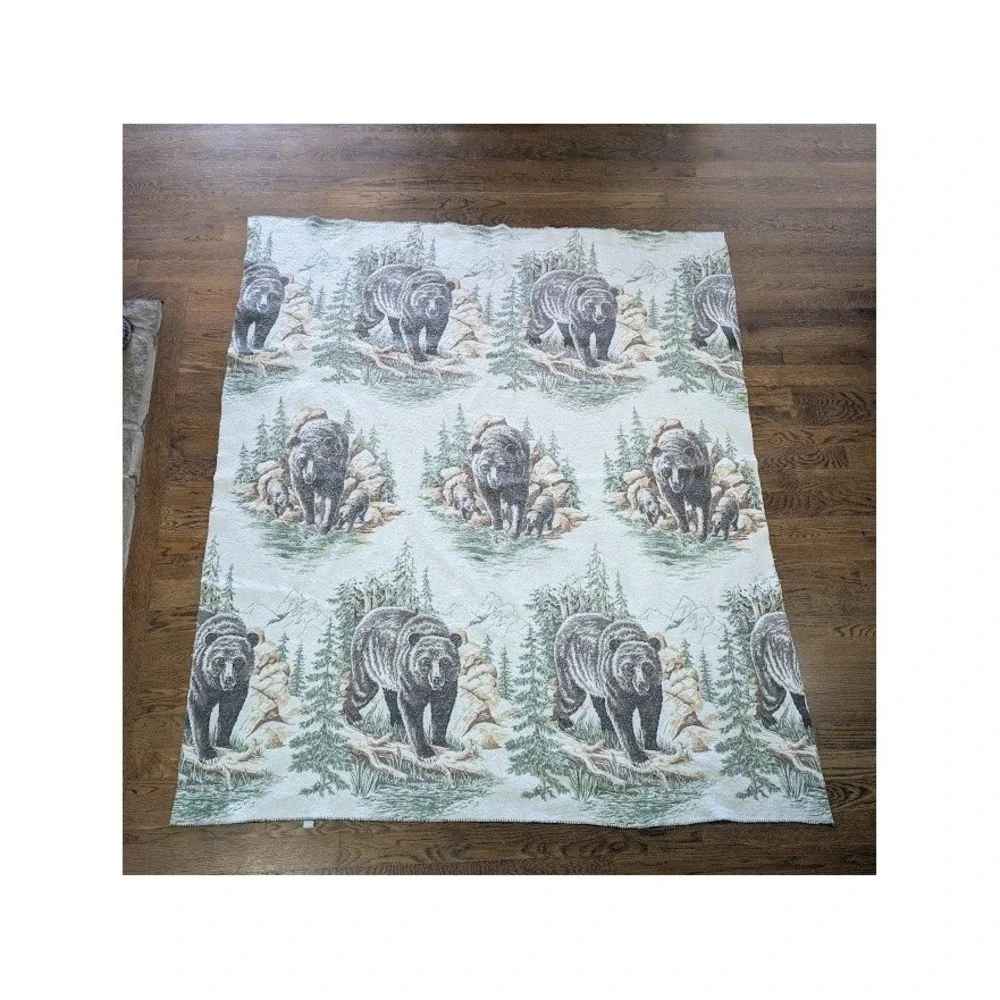 Vtg Cannon Mills Grizzly Bear Throw Blanket Lodge Cabin 60x46 Nature Forest Cubs